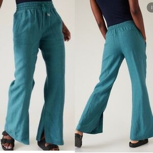 Athleta Retreat Teal Blue 100% Linen Wide Leg Drawstring Split Hem Pant Size 8